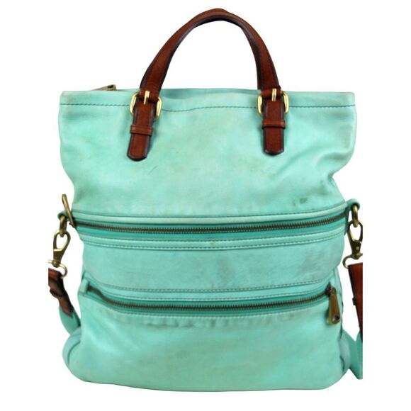 Fossil AQUA GREEN GENUINE LEATHER CONVERTIBLE TAN TOP HANDLE SHOULDER BAG TOTE - Picture 10 of 14